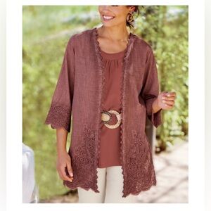 Soft Surroundings Caribe Brown/Pink Embroidered Kimono Topper, S, NWT